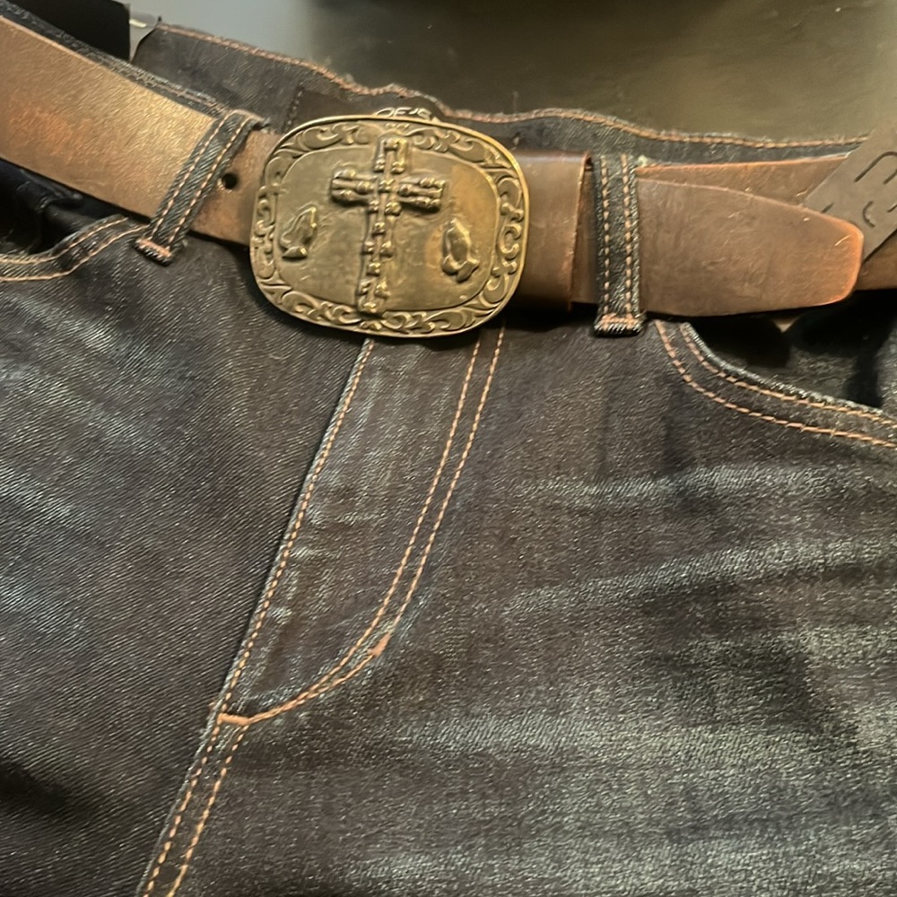 Pray for Me! Ladies & Men's Brown Leather Belt with Ornate Cross Buckle
